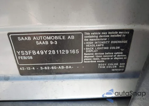 2008 Saab 9-3 2.0T from USA, damaged, VIN YS3FB49Y281129165